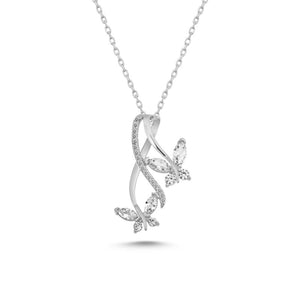 Colored CZ Two Butterfly Sterling Silver Necklace