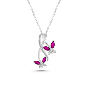 Colored CZ Two Butterfly Sterling Silver Necklace
