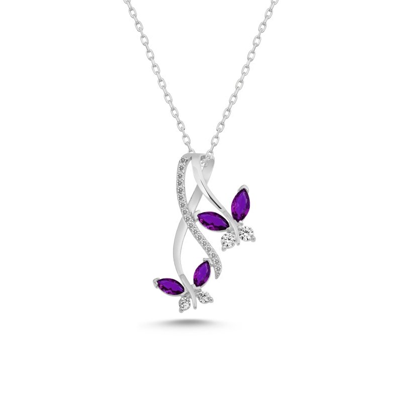 Colored CZ Two Butterfly Sterling Silver Necklace