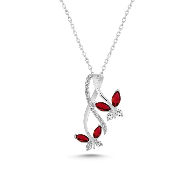 Colored CZ Two Butterfly Sterling Silver Necklace