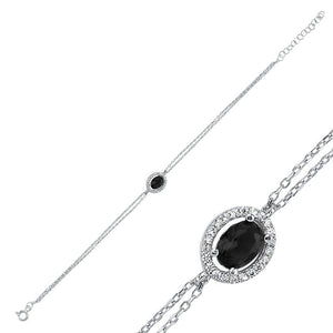 Black Oval CZ Halo Sterling Silver Bracelet