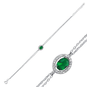 Oval Emerald CZ Halo Sterling Silver Bracelet