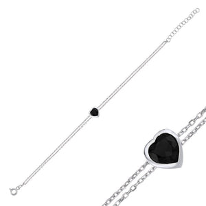 Heart Onyx Bezel CZ Sterling Silver Bracelet, Black CZ