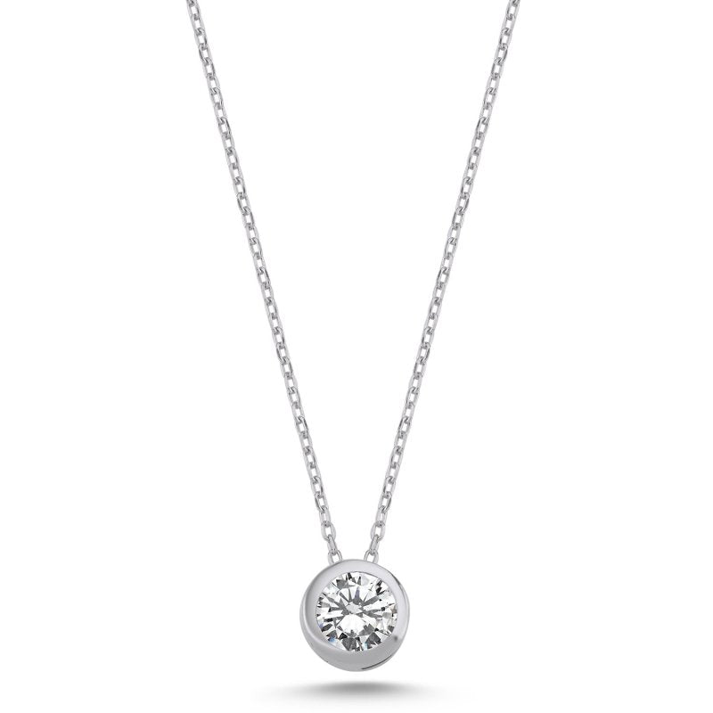 Round Bezel CZ Solitaire Sterling Silver Necklace