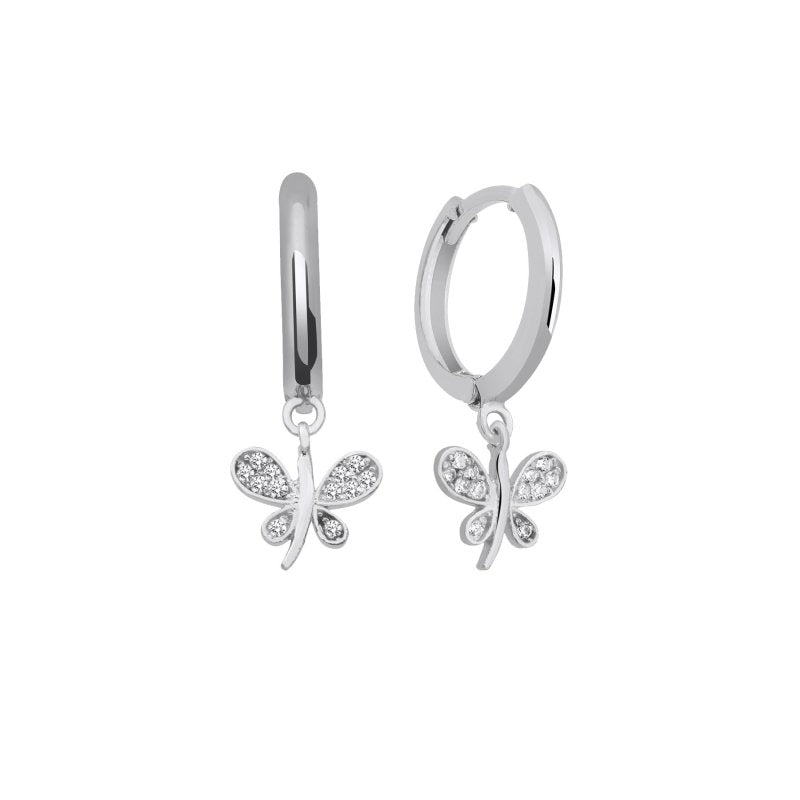 Pave CZ Butterfly Sterling Silver Hoop Earrings