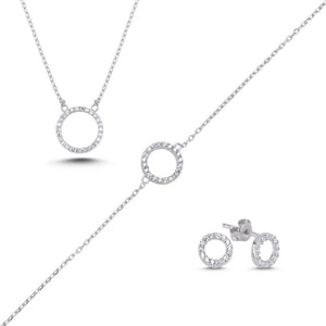 Sterling Silver Circle CZ Jewelry Set – Dainty Necklace, Bracelet & Stud Earrings with Sparkling Cubic Zirconia