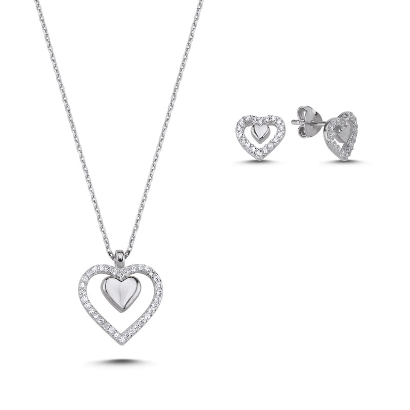 925 Sterling Silver Double Heart CZ Jewelry Set – Polished Inner Heart with Sparkling Open Heart Necklace & Earrings