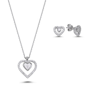 925 Sterling Silver Double Heart CZ Jewelry Set – Polished Inner Heart with Sparkling Open Heart Necklace & Earrings