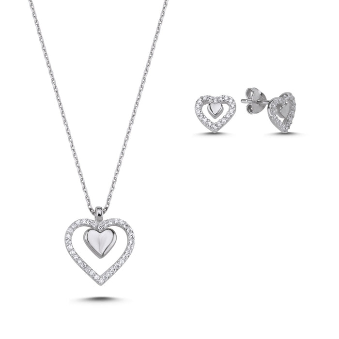 925 Sterling Silver Double Heart CZ Jewelry Set – Polished Inner Heart with Sparkling Open Heart Necklace & Earrings
