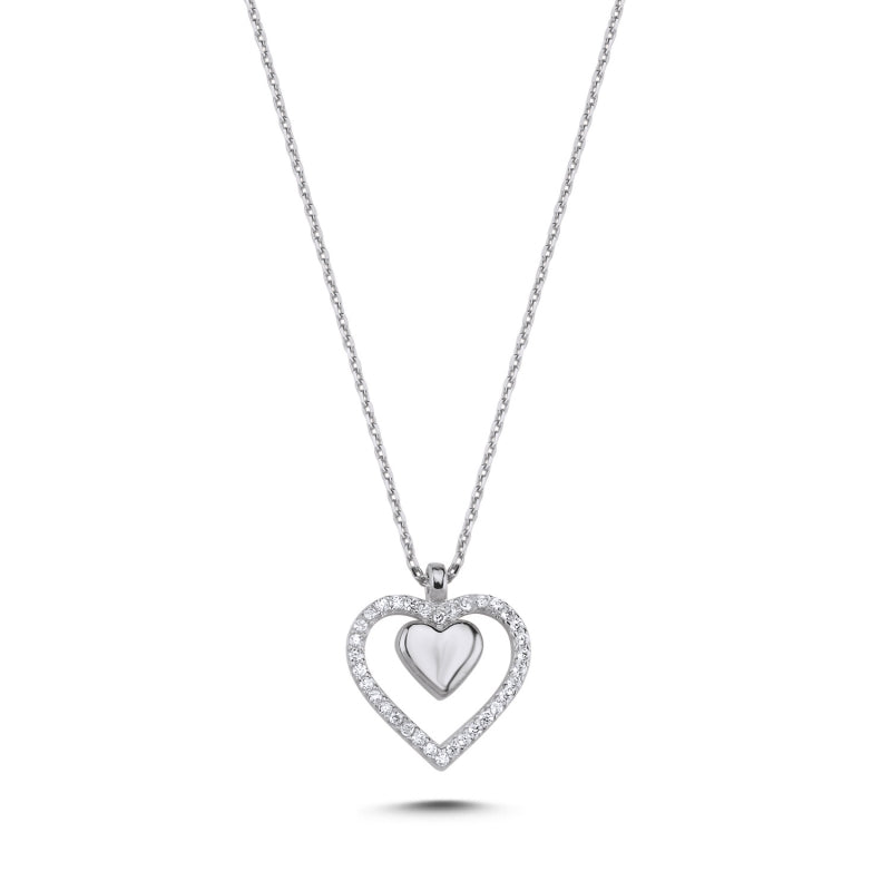 925 Sterling Silver Double Heart Pendant Necklace with Sparkling CZ Stones and Polished Inner Heart Detail
