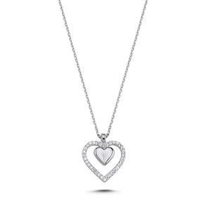 925 Sterling Silver Double Heart Pendant Necklace with Sparkling CZ Stones and Polished Inner Heart Detail