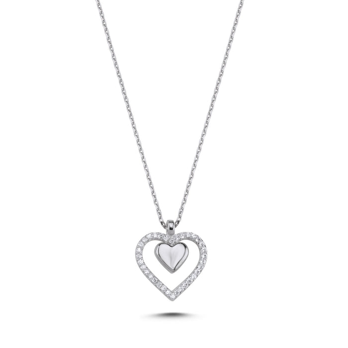 925 Sterling Silver Double Heart Pendant Necklace with Sparkling CZ Stones and Polished Inner Heart Detail