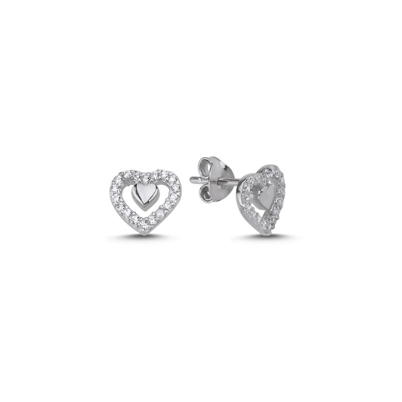 925 Sterling Silver Double Heart CZ Stud Earrings – Interlocking Polished & Sparkling Cubic Zirconia Hearts