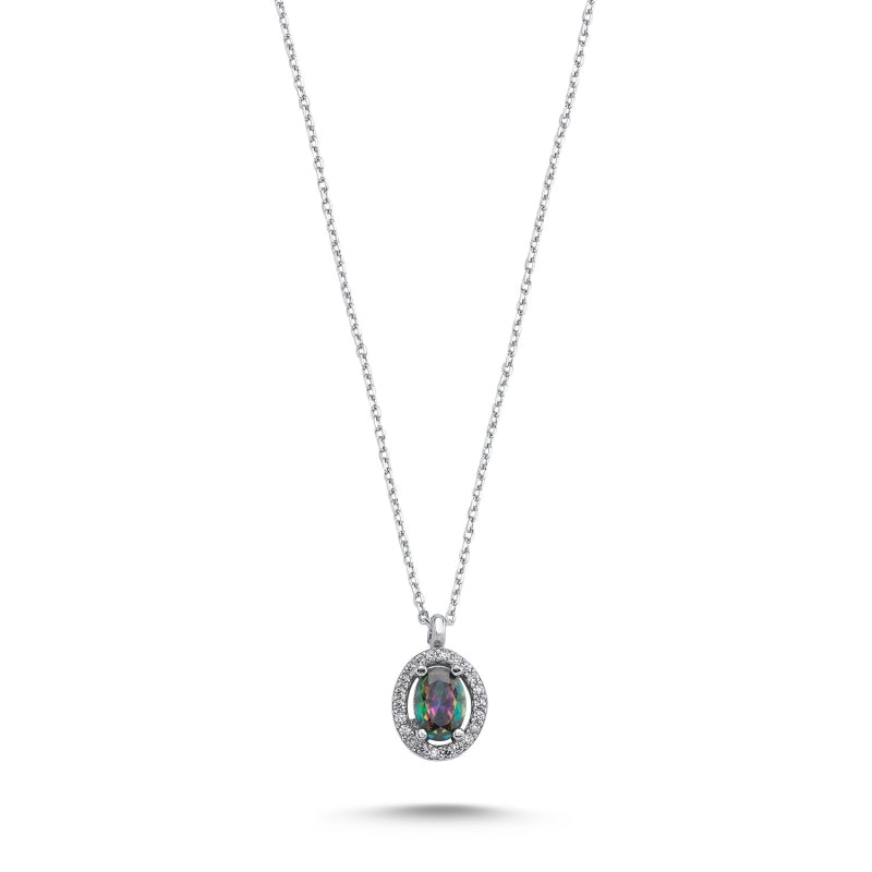 Oval Mystic Topaz CZ Halo Sterling Silver Necklace