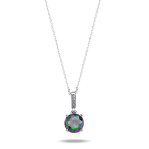 Sterling Silver Necklace with 8mm Round Mystic Topaz & CZ Accents – Rainbow Sparkle in a Timeless Solitaire Pendant