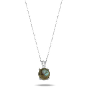 Sterling Silver Necklace with 8mm Round Labradorite Gemstone – Natural Iridescent Stone in Classic Prong Setting
