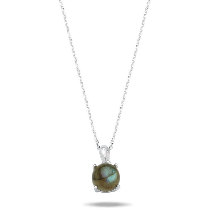 Sterling Silver Necklace with 8mm Round Labradorite Gemstone – Natural Iridescent Stone in Classic Prong Setting