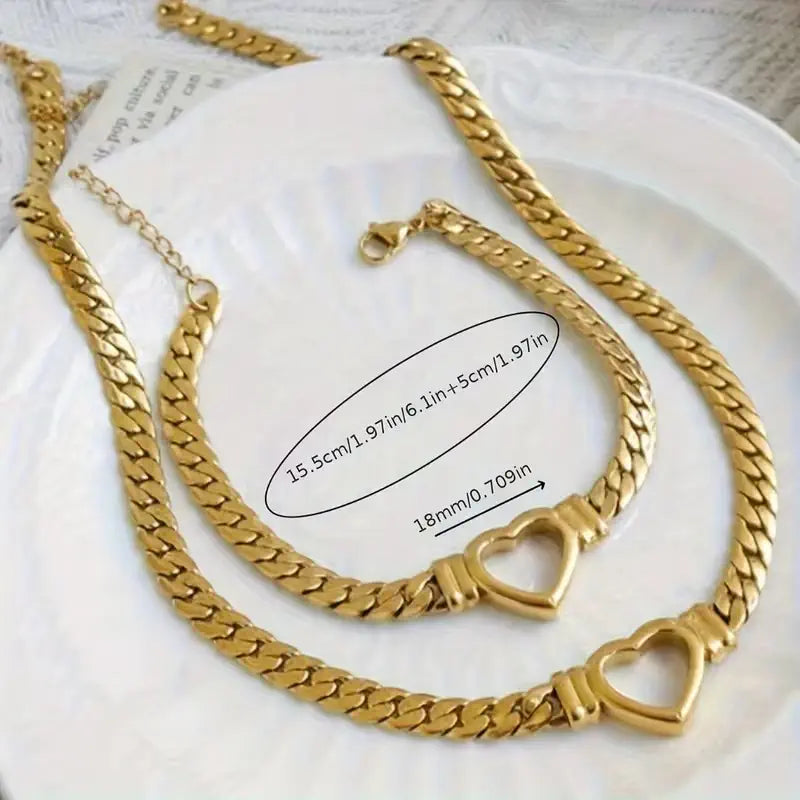 Heart Cuban Link Jewelry Set – Gold Plated Chain Necklace & Bracelet Set for Women, Trendy Statement Jewelry