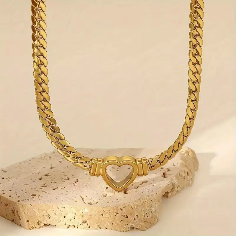 Heart Cuban Link Jewelry Set – Gold Plated Chain Necklace & Bracelet Set for Women, Trendy Statement Jewelry