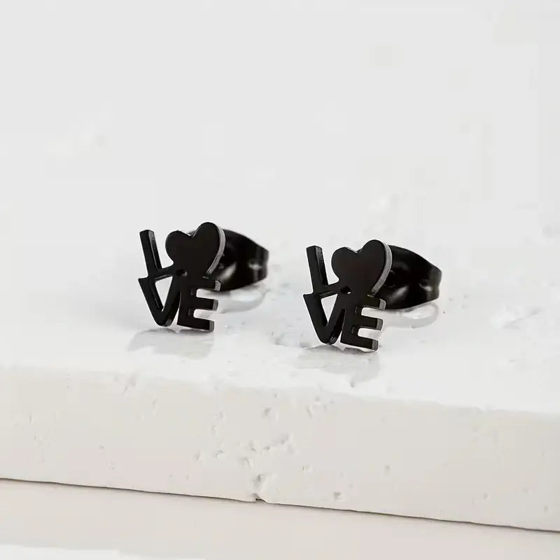 Stainless Steel LOVE Heart Stud Earrings – Cute Minimalist Letter Jewelry for Everyday Romantic Style