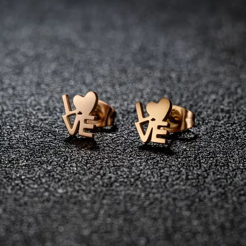 Stainless Steel LOVE Heart Stud Earrings – Cute Minimalist Letter Jewelry for Everyday Romantic Style