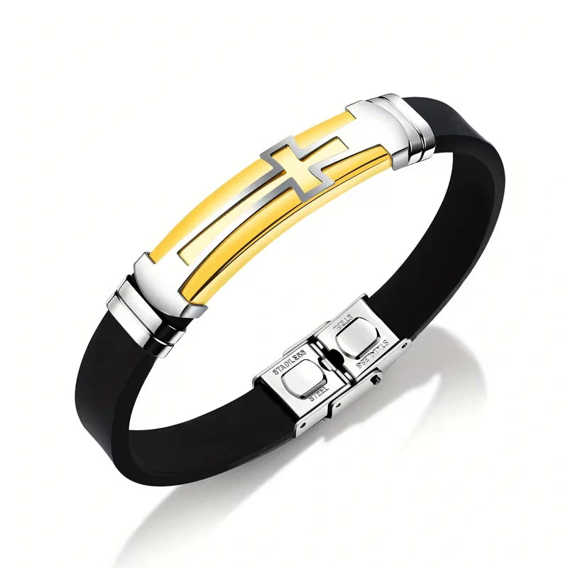Cross Silicone Bracelet with Modern Stainless Steel Style