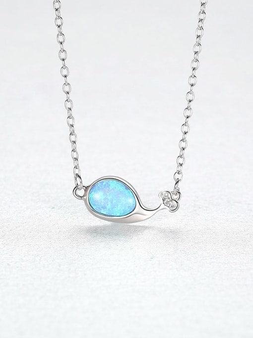 925 Sterling Silver Blue Oval Opal Necklace – Minimalist Fish Design with CZ Accents, Delicate Ocean-Inspired Gift