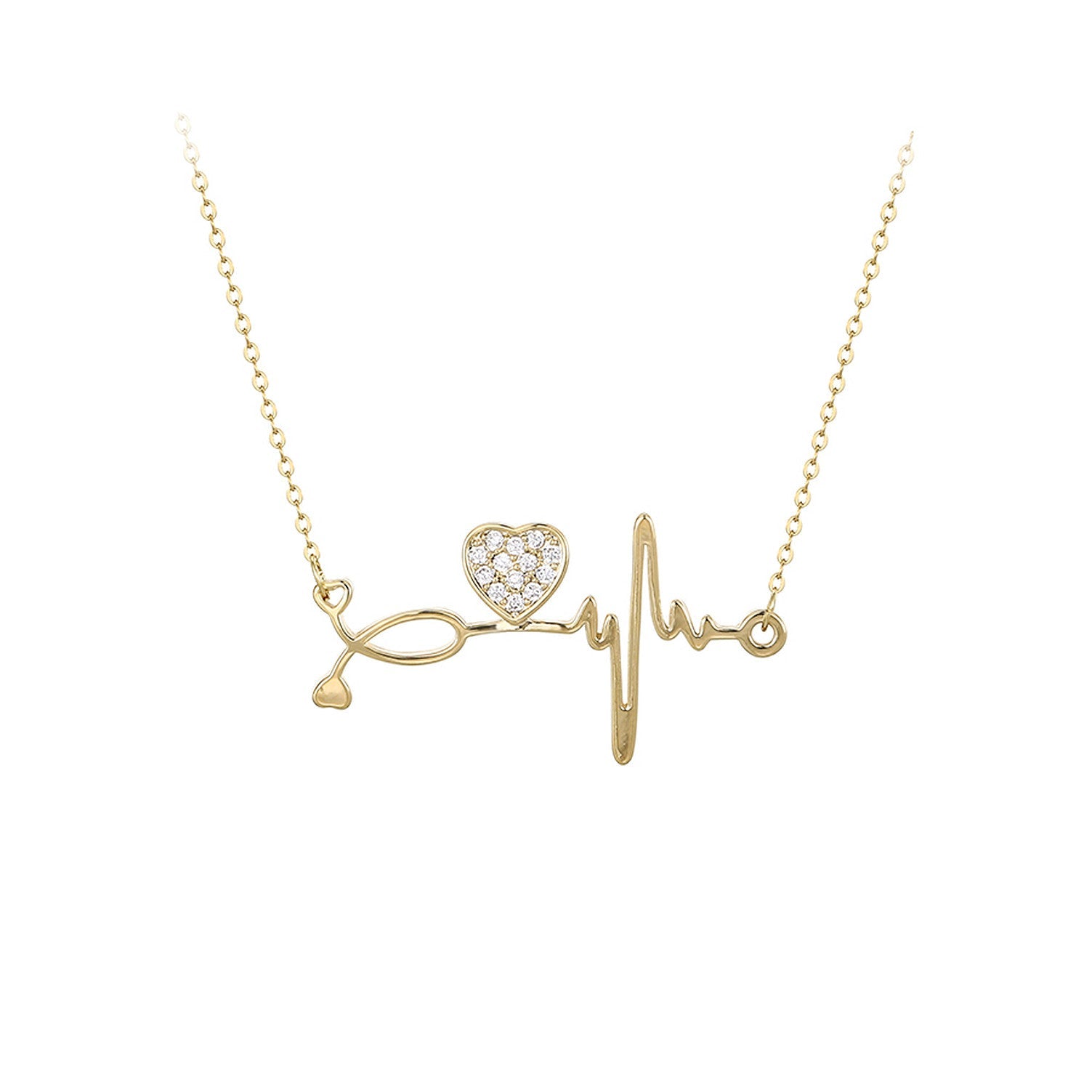 Pave CZ Heart And Heartbeat Necklace Rose Gold Yellow Gold Rhodium