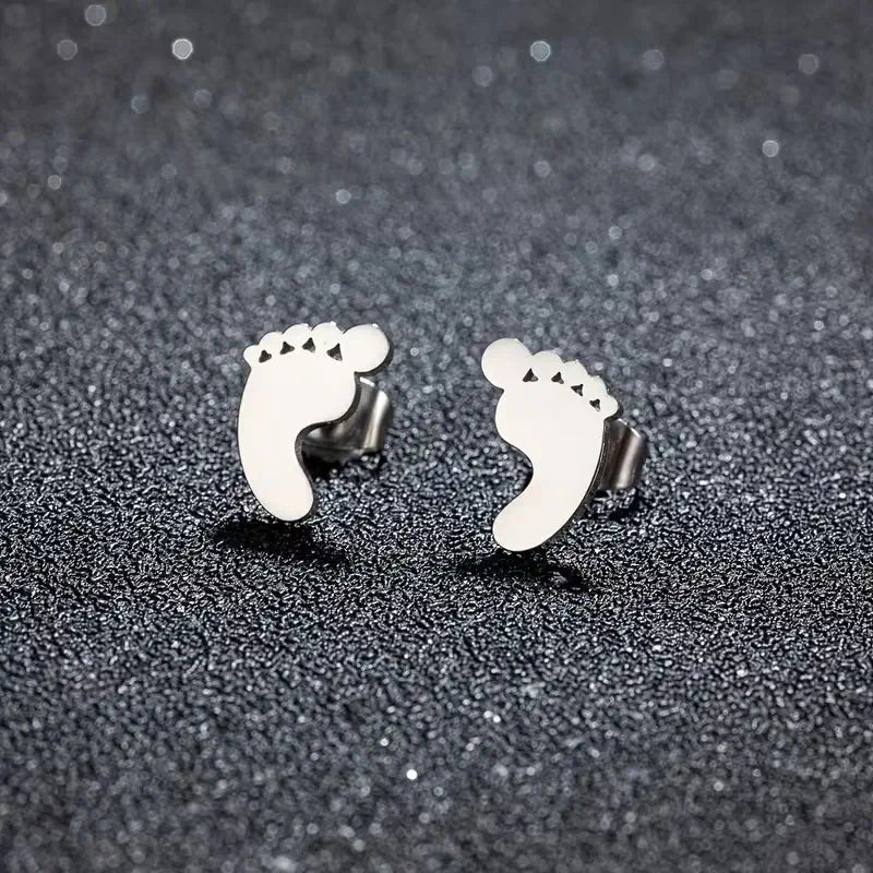 Tiny Footprint Stud Earrings – Stainless Steel Cute Baby Feet Earrings for Women, Minimalist Jewelry