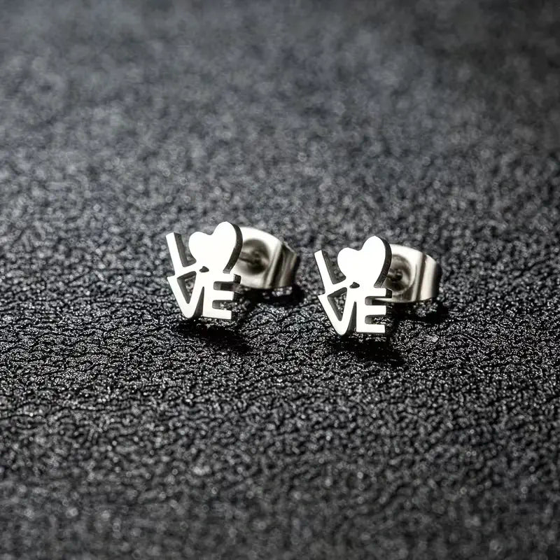 Stainless Steel LOVE Heart Stud Earrings – Cute Minimalist Letter Jewelry for Everyday Romantic Style
