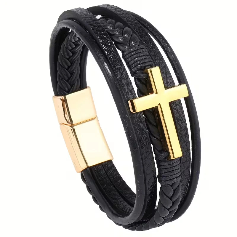 Layered Cross Leather Bracelet with Modern Woven Style