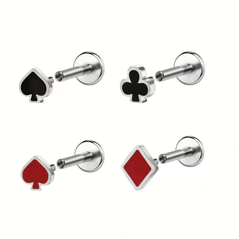 Poker Card Cartilage Stud Earrings Set – Stainless Steel Spade Club Heart Diamond Piercing Jewelry