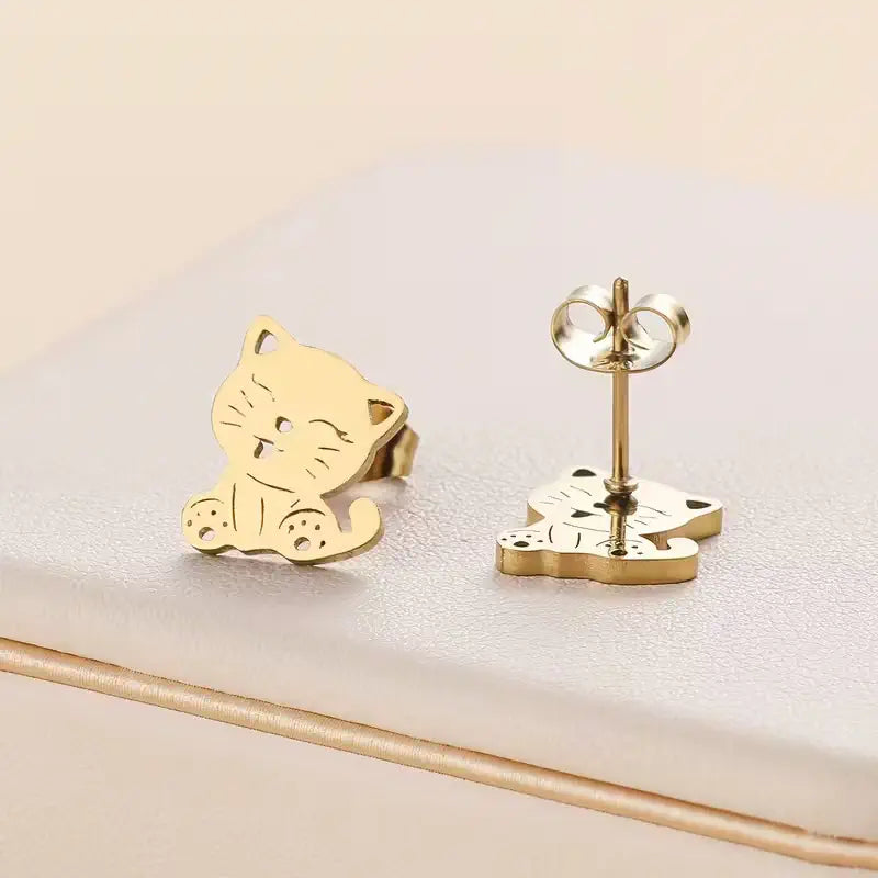 Cute Cat Stud Earrings – Stainless Steel Kitty Earrings for Women, Minimalist Animal Jewelry Gift