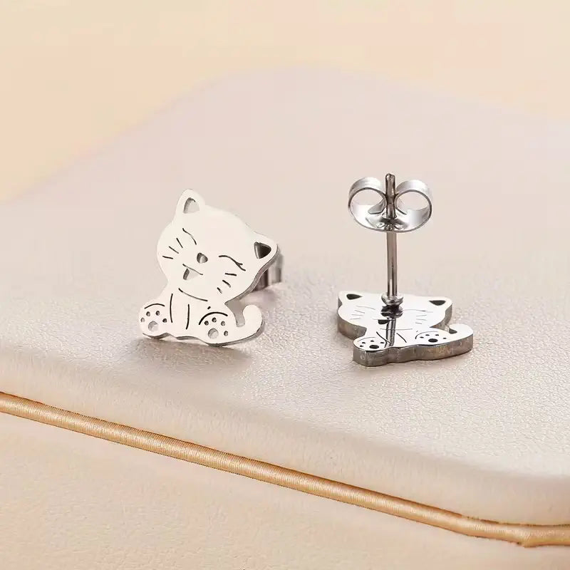 Cute Cat Stud Earrings – Stainless Steel Kitty Earrings for Women, Minimalist Animal Jewelry Gift