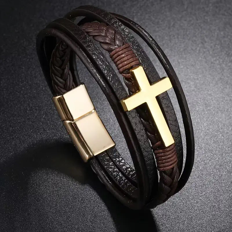 Layered Cross Leather Bracelet with Modern Woven Style