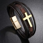 Layered Cross Leather Bracelet with Modern Woven Style