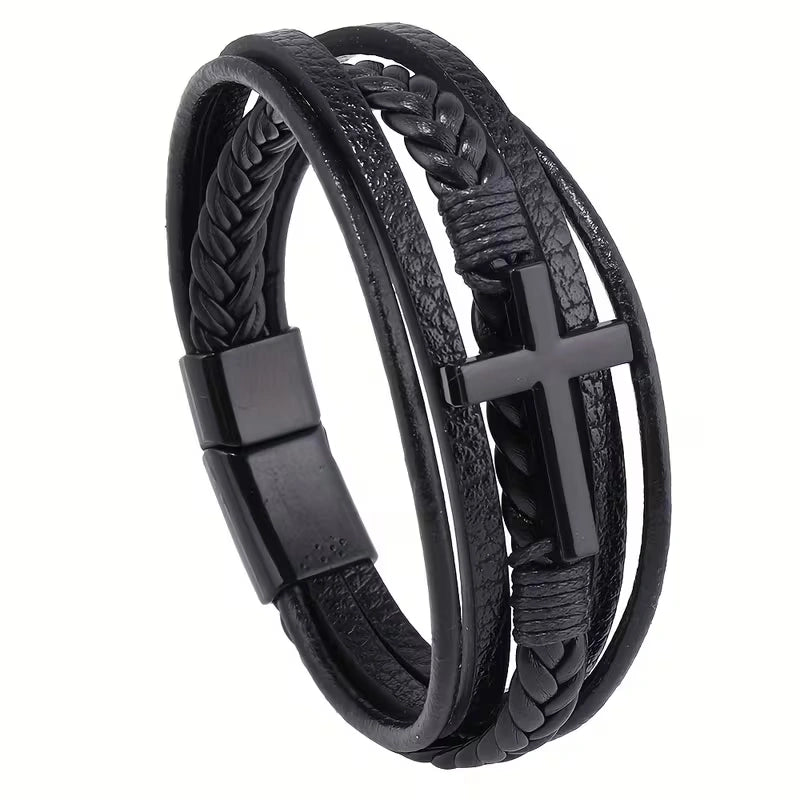 Layered Cross Leather Bracelet with Modern Woven Style