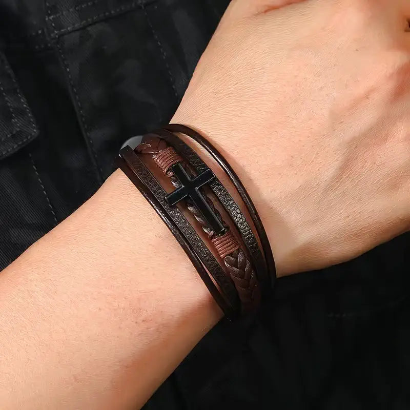 Layered Cross Leather Bracelet with Modern Woven Style