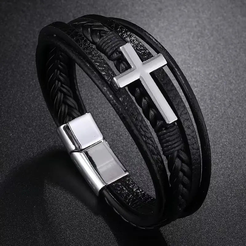 Layered Cross Leather Bracelet with Modern Woven Style