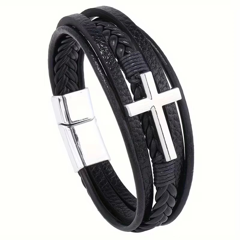 Layered Cross Leather Bracelet with Modern Woven Style