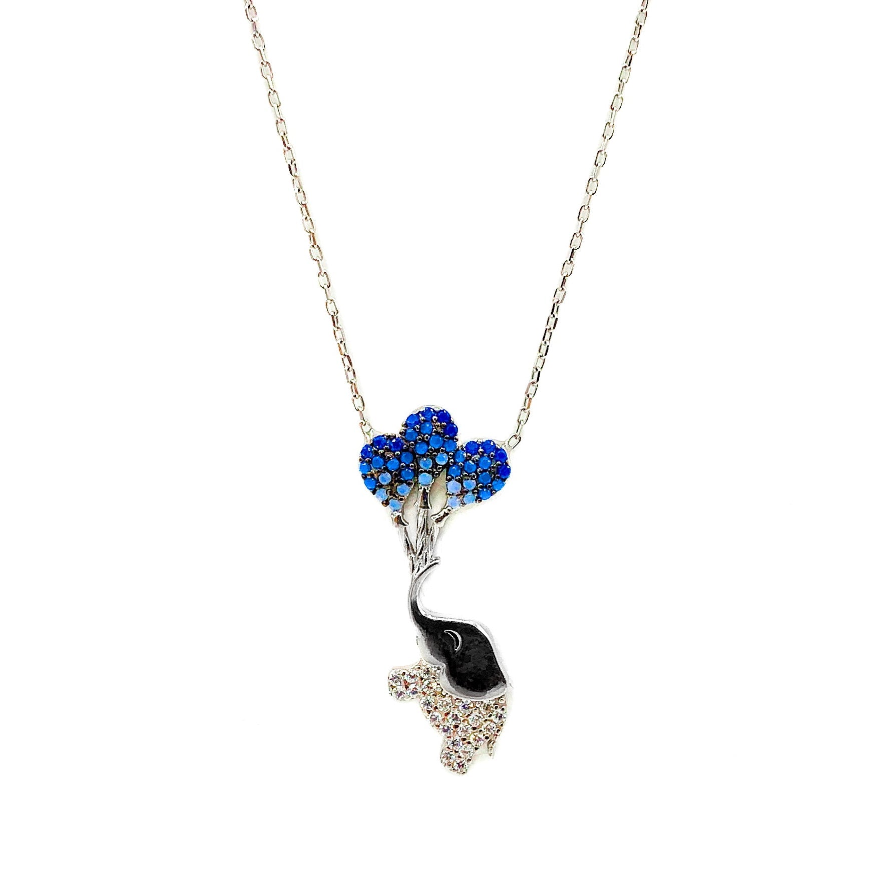 Blue/Pink CZ Flying Elephant & Balloon Sterling Silver Necklace
