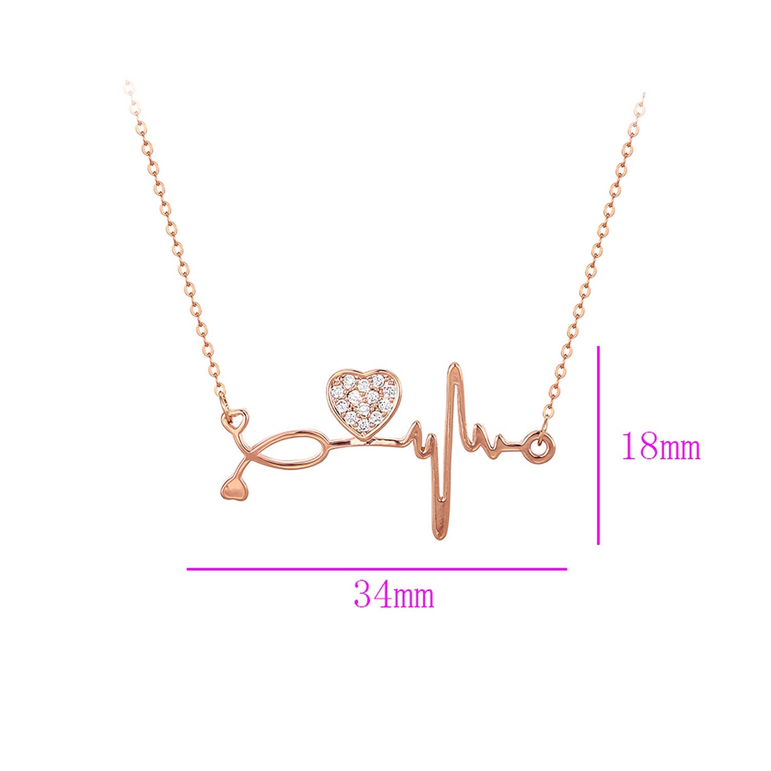 Pave CZ Heart And Heartbeat Necklace Rose Gold Yellow Gold Rhodium