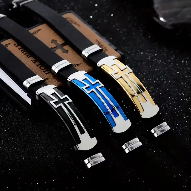 Cross Silicone Bracelet with Modern Stainless Steel Style