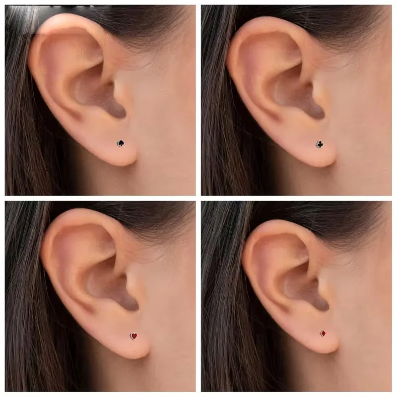 Poker Card Cartilage Stud Earrings Set – Stainless Steel Spade Club Heart Diamond Piercing Jewelry