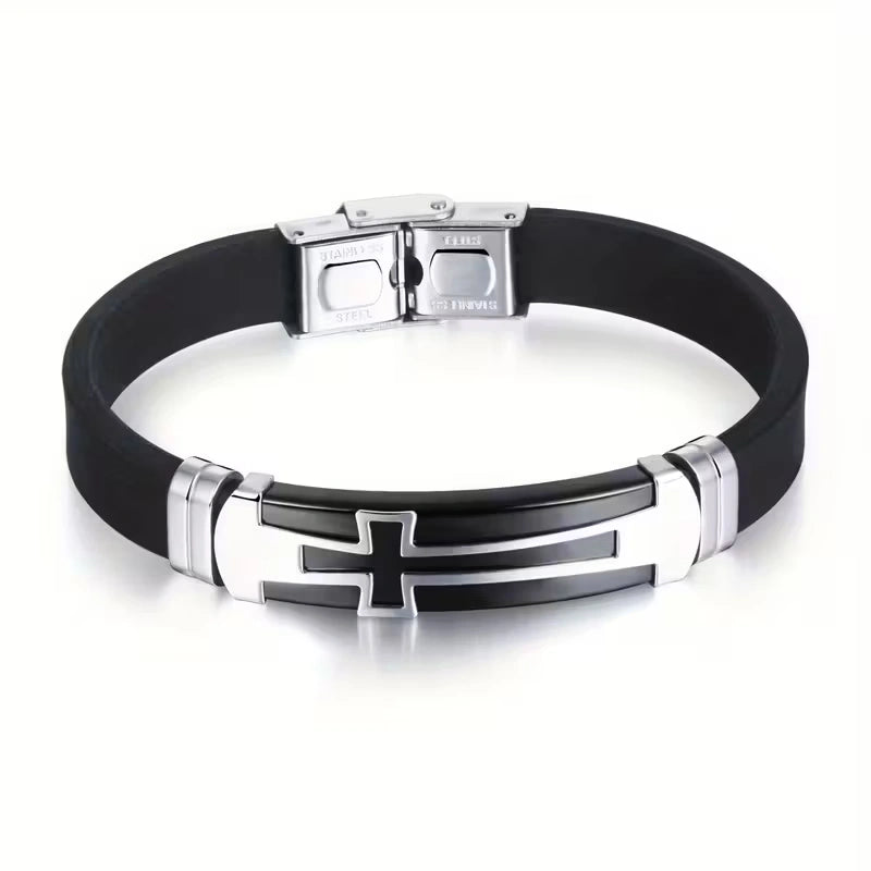 Cross Silicone Bracelet with Modern Stainless Steel Style