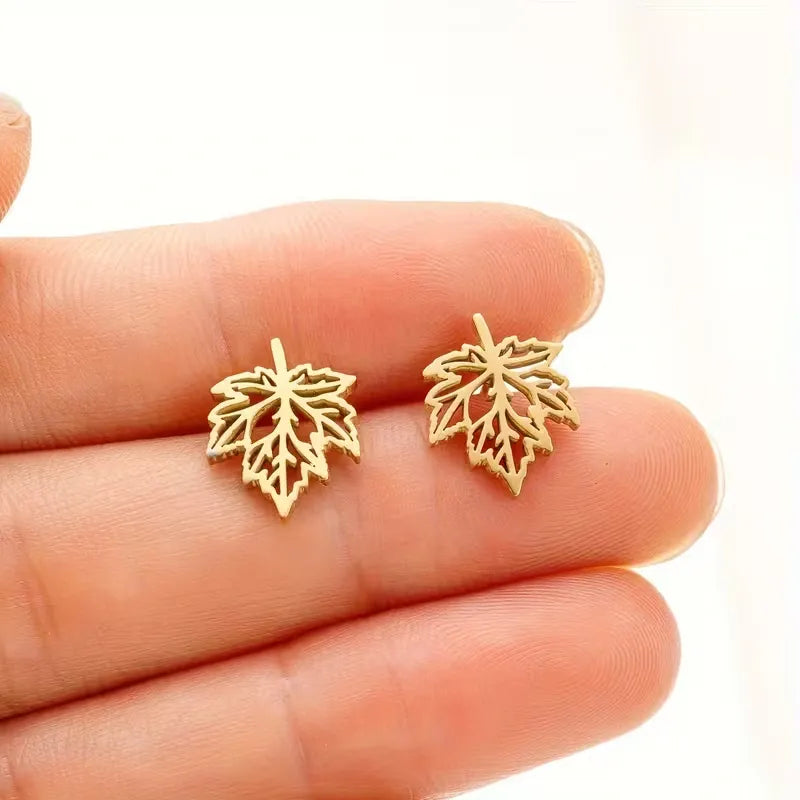 Maple Leaf Stud Earrings for Women Stainless Steel Nature Inspired Minimalist Jewelry Gift