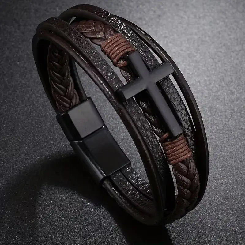 Layered Cross Leather Bracelet with Modern Woven Style