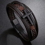 Layered Cross Leather Bracelet with Modern Woven Style