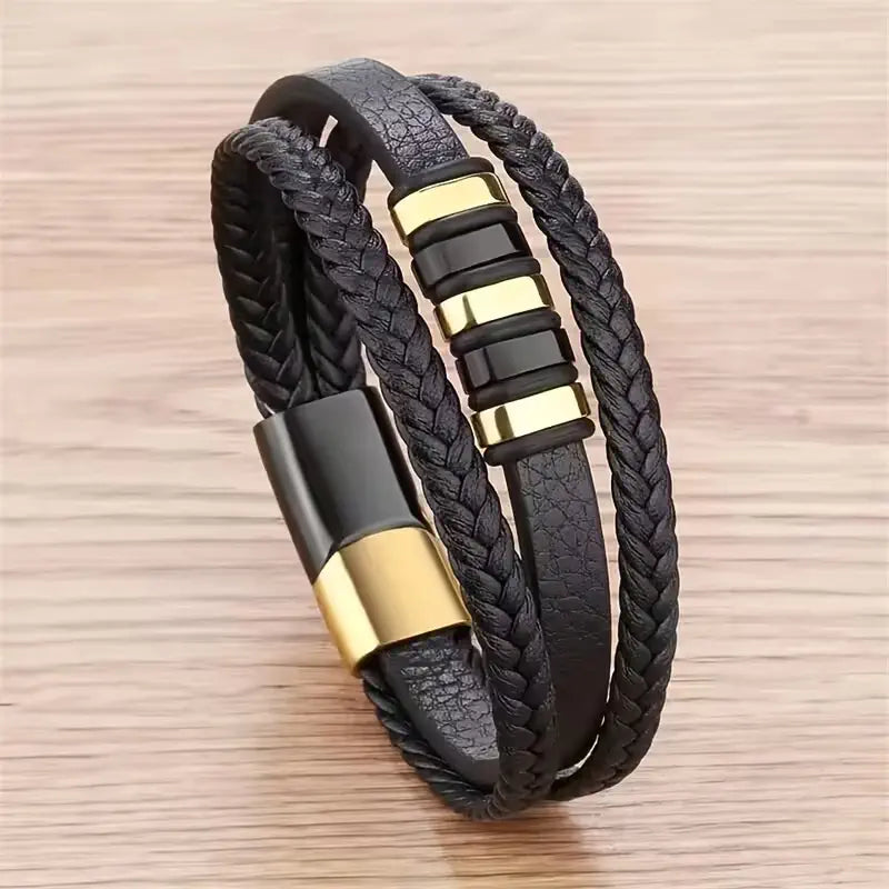 Layered Leather Bracelet with Braided Vintage Style