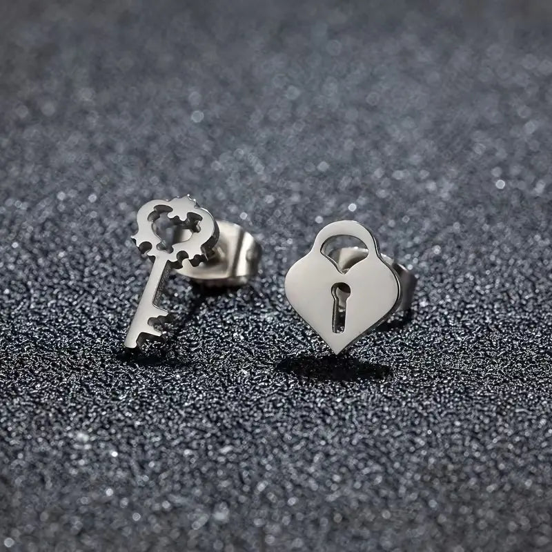 Stainless Steel Heart Lock & Key Stud Earrings – Romantic Minimalist Jewelry for Everyday Style and Gifting